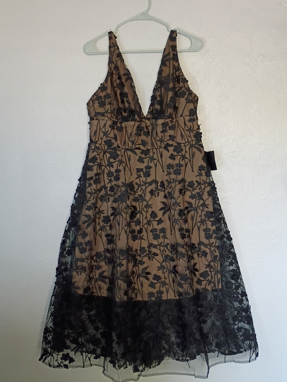 Soieblu Black Floral Lace Midi Dress with Tan Underlay